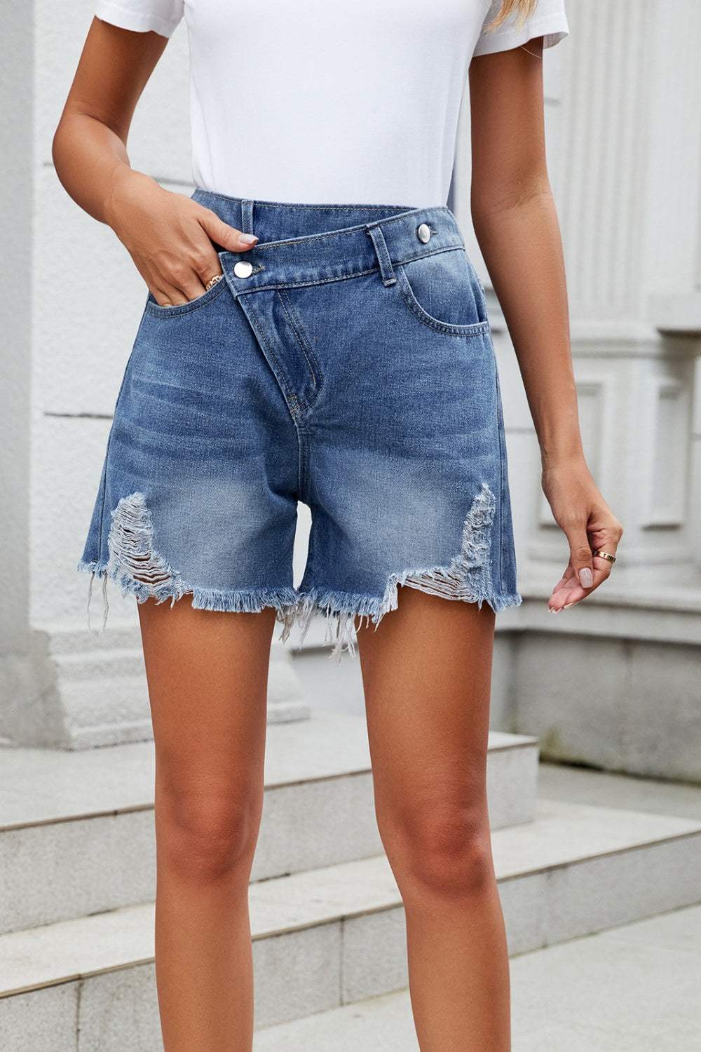 Distressed Raw Hem Asymmetric Waist Denim Shorts - Trendsi - Flyclothing LLC