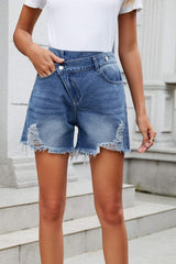 Distressed Raw Hem Asymmetric Waist Denim Shorts - Trendsi - Flyclothing LLC