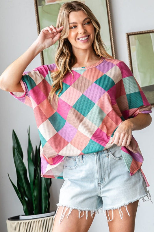 HOPELY Full Size Multi Colored Argyle Side Slit T-Shirt - Trendsi