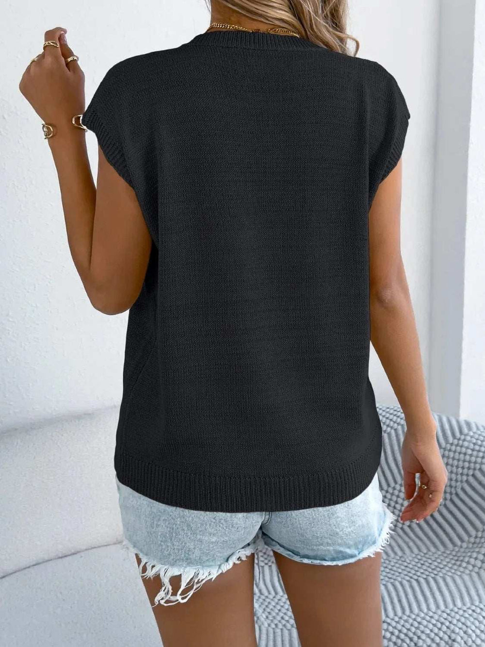 Cable Knit Heart Round Neck Cap Sleeve Knit Top - Trendsi - Flyclothing LLC