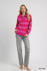 Umgee Floral Patterned Jacquard Quarter-Zip Pullover Sweater - Trendsi - Flyclothing LLC