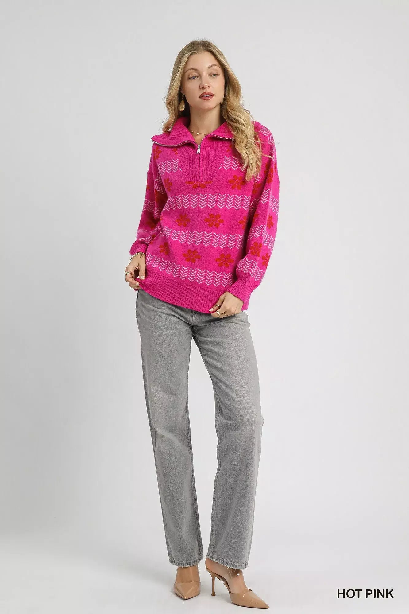 Umgee Floral Patterned Jacquard Quarter-Zip Pullover Sweater - Trendsi - Flyclothing LLC