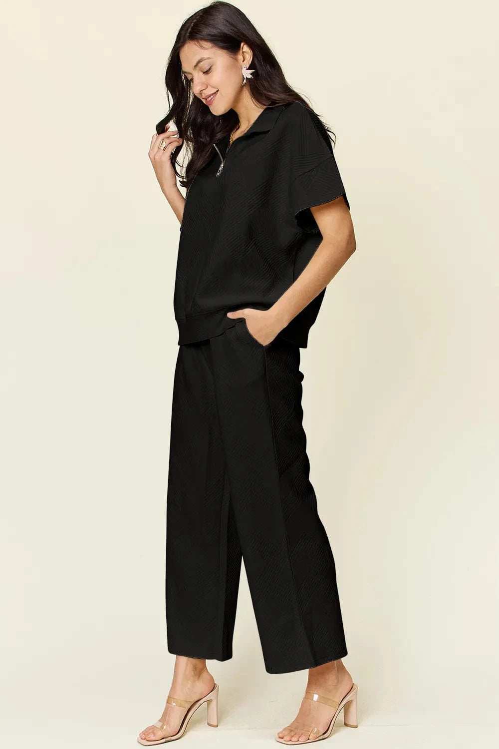 Double Take Full Size Texture Half Zip Short Sleeve Top and Pants Set - Trendsi - Flyclothing LLC