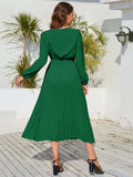V-Neck Long Sleeve Pleated Dress - Trendsi - Flyclothing LLC