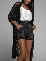 Openwork Open Front Three-Quarter Sleeve Cover Up - Trendsi - Flyclothing LLC