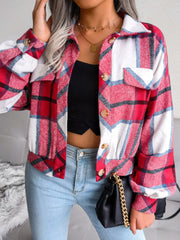 Plaid Collared Neck Long Sleeve Jacket - Trendsi