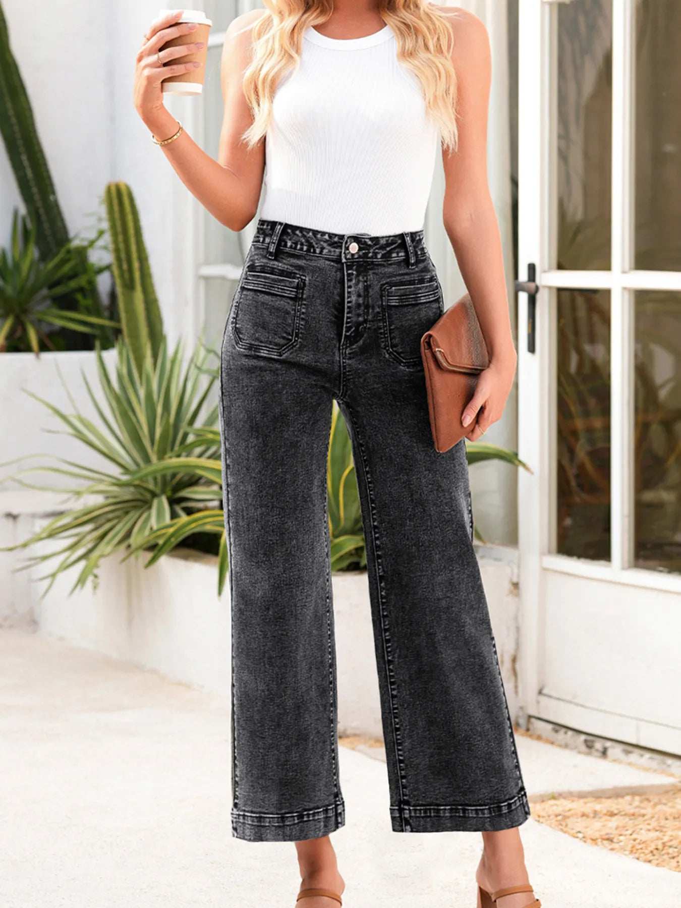 High-Waisted Wide Leg Washed Jeans - Trendsi - Flyclothing LLC