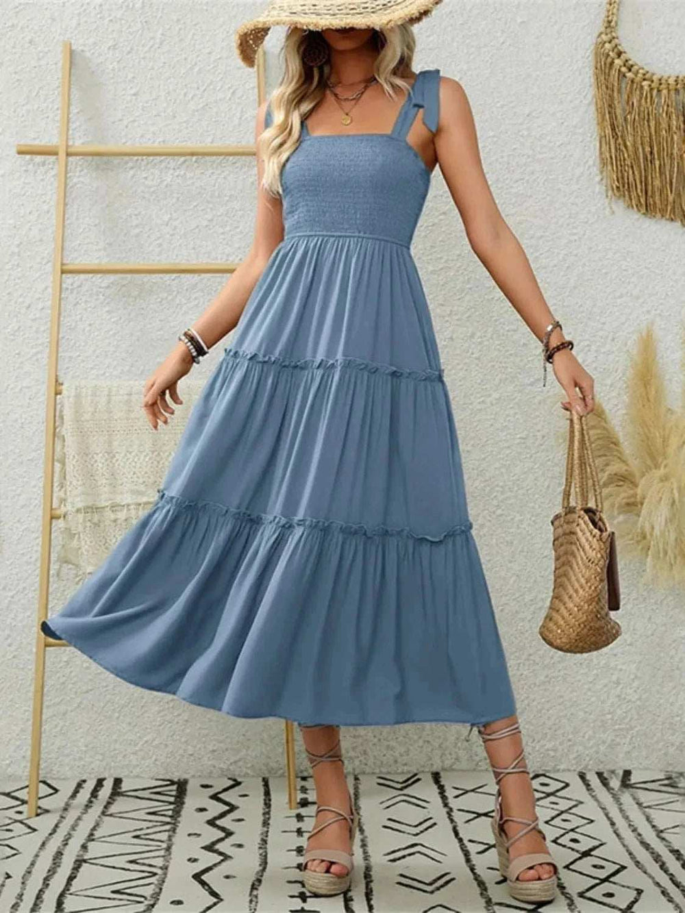 Smocked Tiered Midi Dress with Tie Straps - Trendsi - Flyclothing LLC