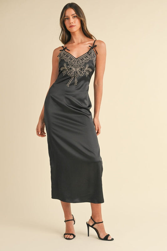 Mable Embroidered Cami Satin Midi Slit Dress - Trendsi