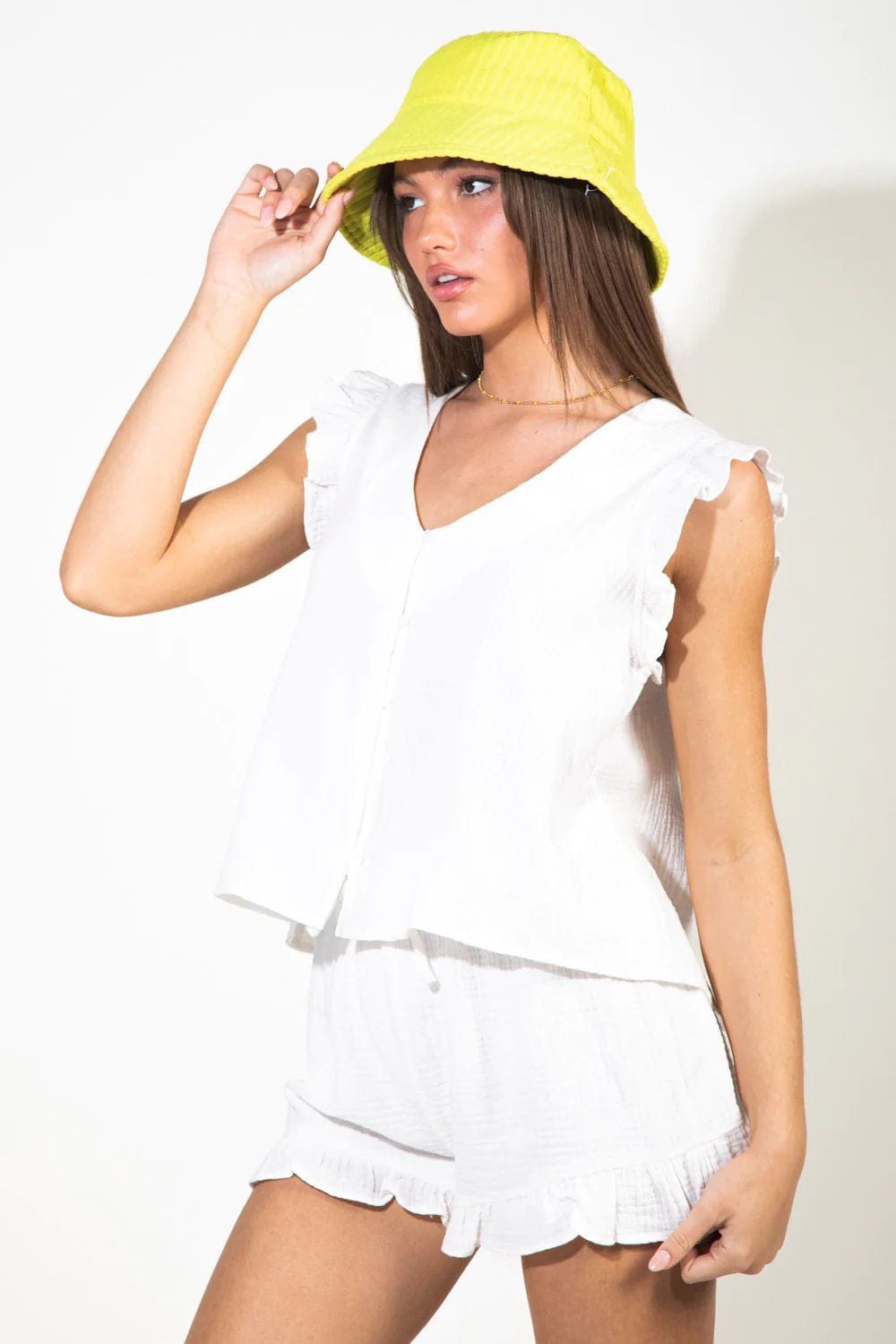 Ruffled V-Neck Cap Sleeve and Shorts Set - Trendsi