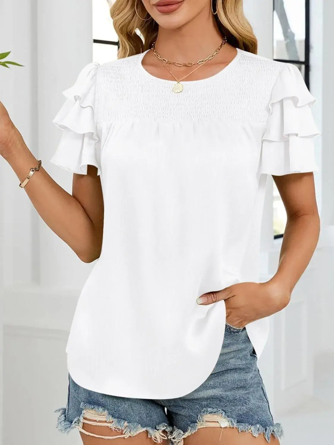 Smocked Round Neck Ruffled Layered Sleeve Blouse - Trendsi - Flyclothing LLC