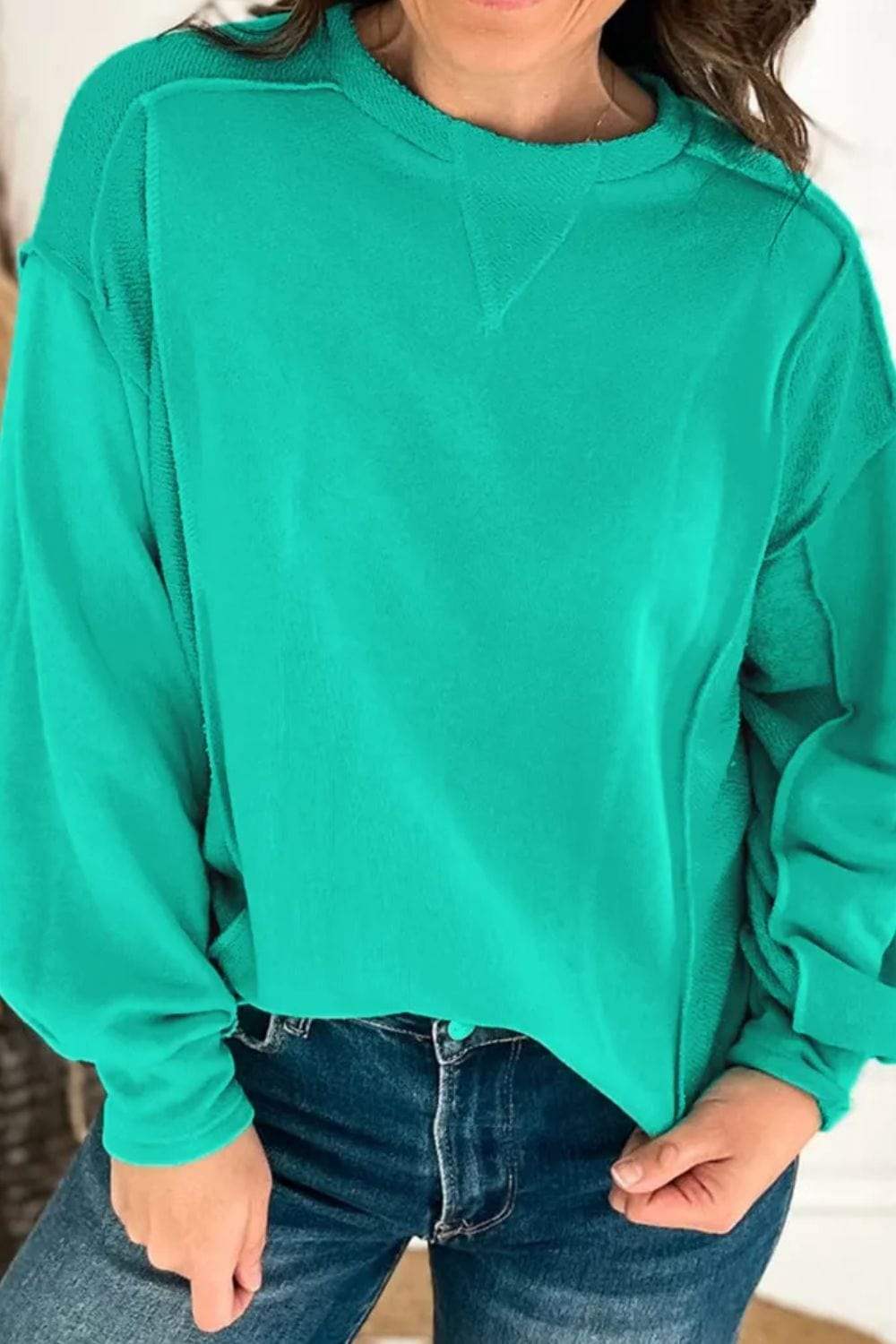 Exposed Seam Round Neck Long Sleeve Sweatshirt - Trendsi - Flyclothing LLC