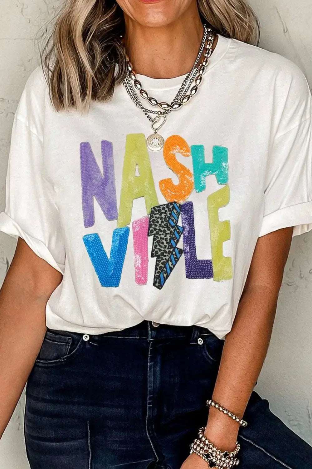 Lightening NASHVILLE Sequin Round Neck T-Shirt - Trendsi - Flyclothing LLC