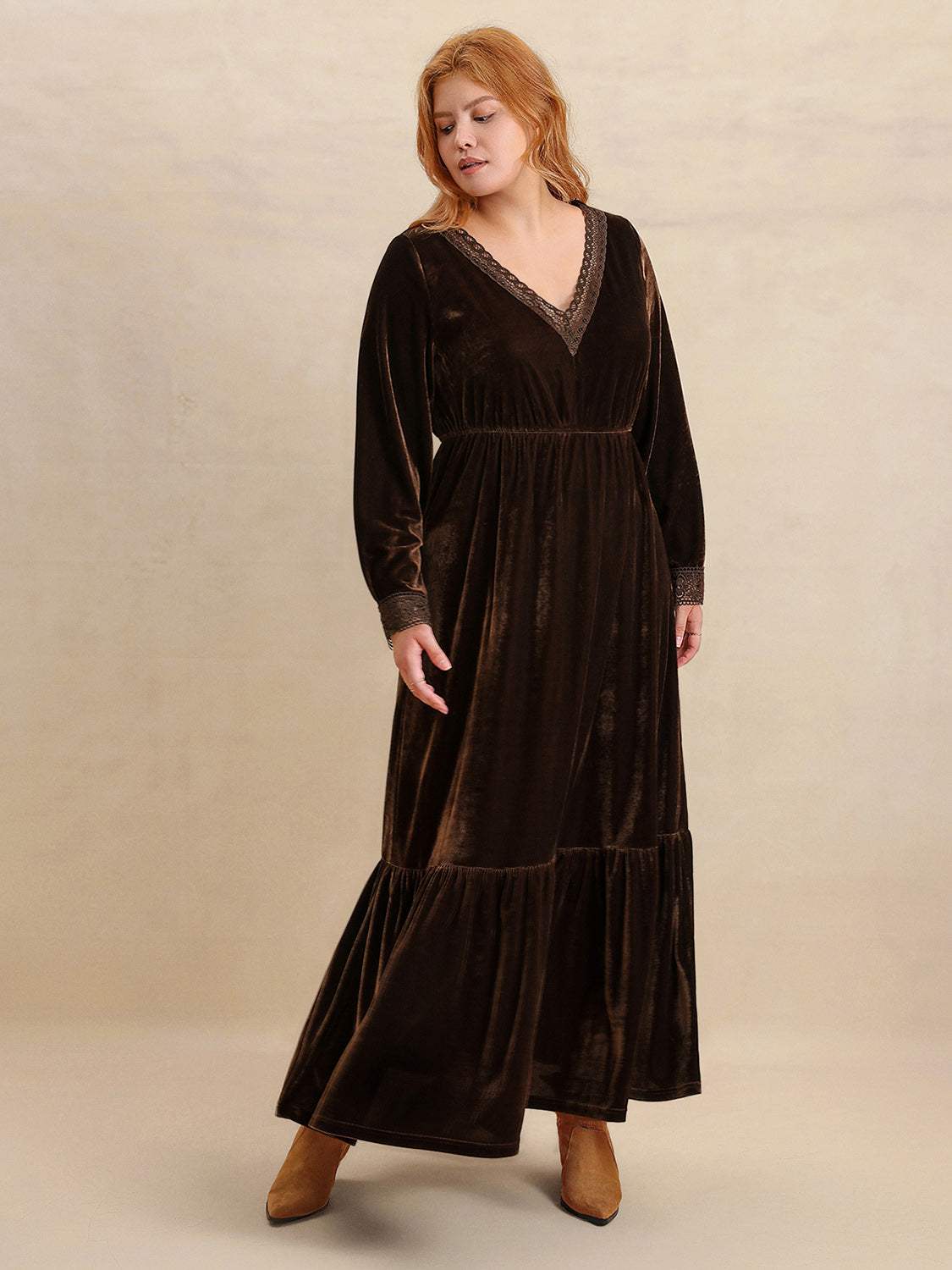 Plus Size Lace Detail V-Neck Long Sleeve Midi Dress - Trendsi - Flyclothing LLC