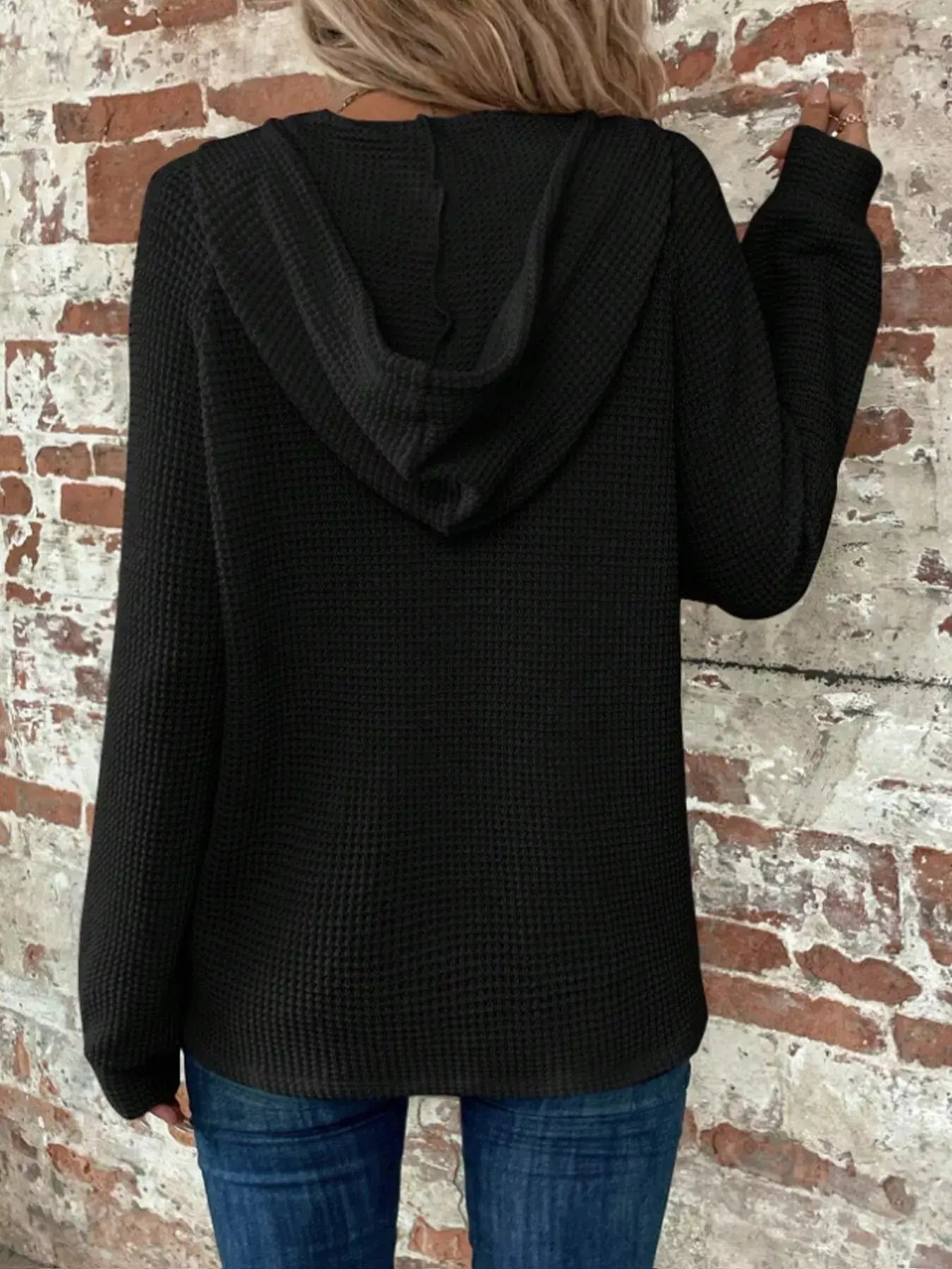Waffle Knit Button Detail Hoodie - Trendsi - Flyclothing LLC