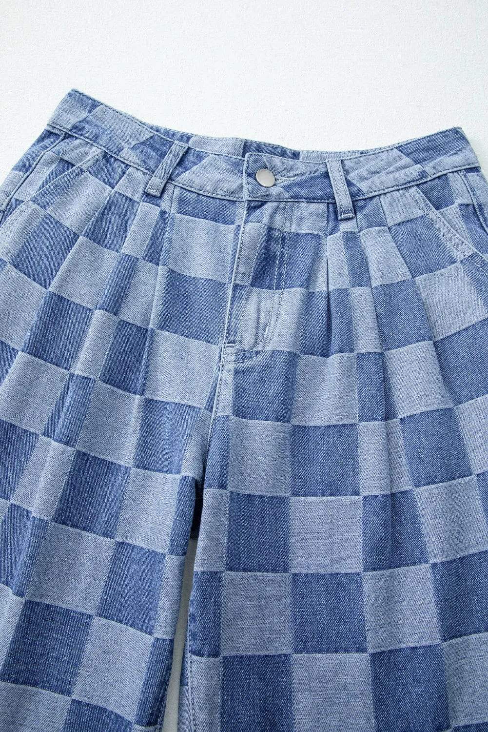 Checkered Wide Leg Jeans with Pockets - Trendsi - Flyclothing LLC