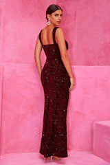 Slit Sequin Square Neck Wide Strap Dress - Trendsi - Flyclothing LLC