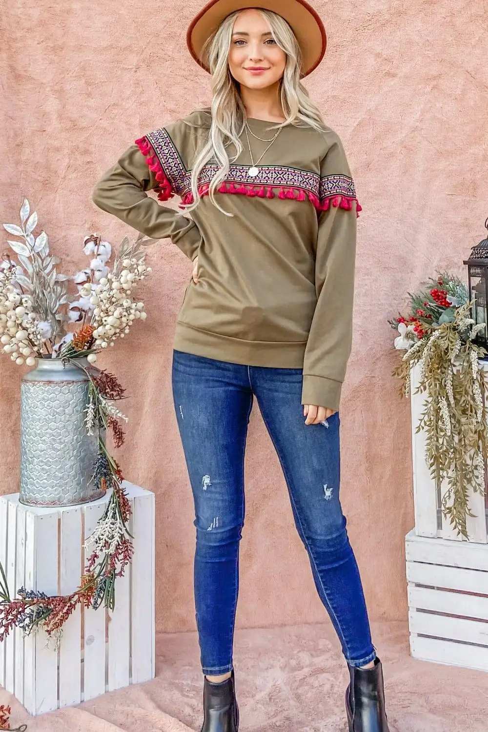 And The Why Ethnic Ribbon Tassel Trim Top - Trendsi - Flyclothing LLC