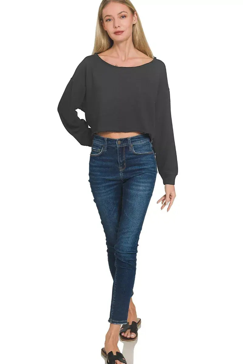 Zenana French Terry Boatneck Crop Top - Trendsi - Flyclothing LLC