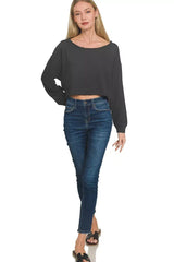 Zenana French Terry Boatneck Crop Top - Trendsi - Flyclothing LLC