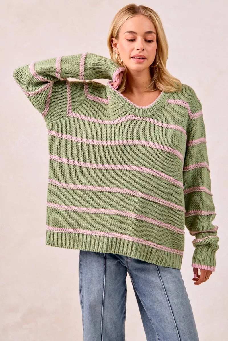 BiBi Striped Long Sleeve Sweater - Trendsi - Flyclothing LLC