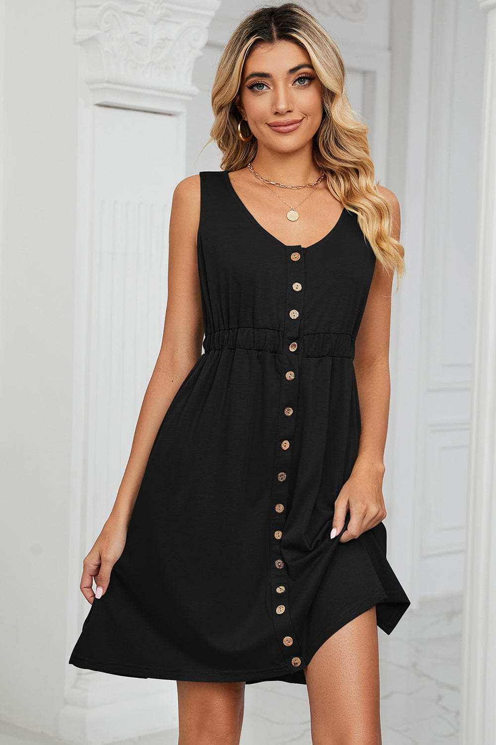 Buttoned Wide Strap Mini Dress - Trendsi - Flyclothing LLC