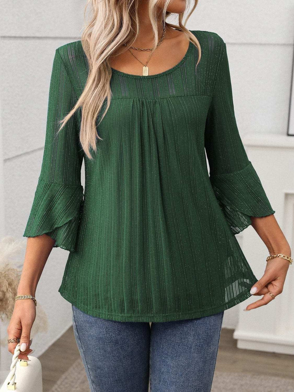 Round Neck Three-Quarter Sleeve Top - Trendsi - Flyclothing LLC