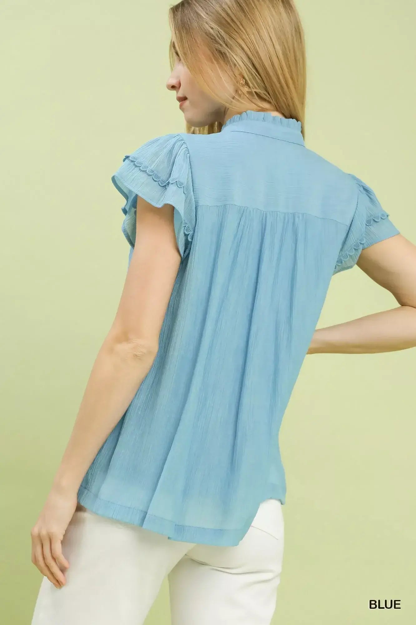 Umgee Scalloped Trim Flutter Sleeve Top - Trendsi - Flyclothing LLC