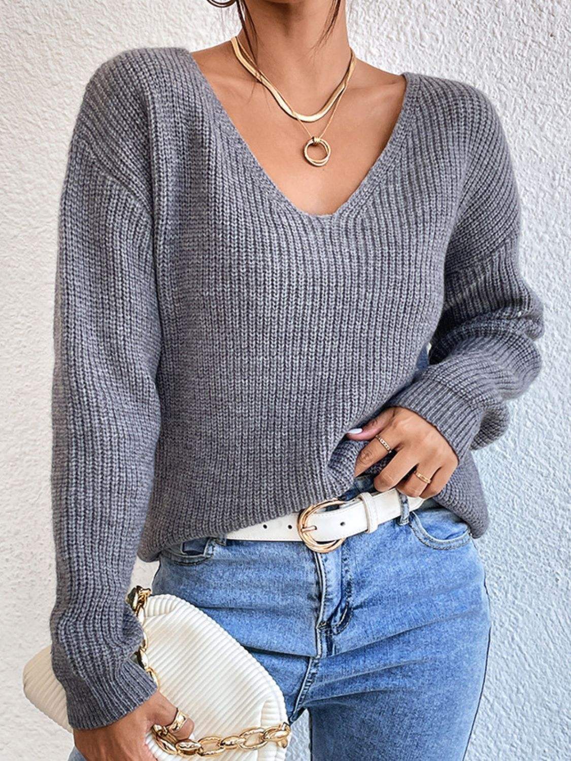 Crisscross V-Neck Long Sleeve Sweater - Trendsi - Flyclothing LLC