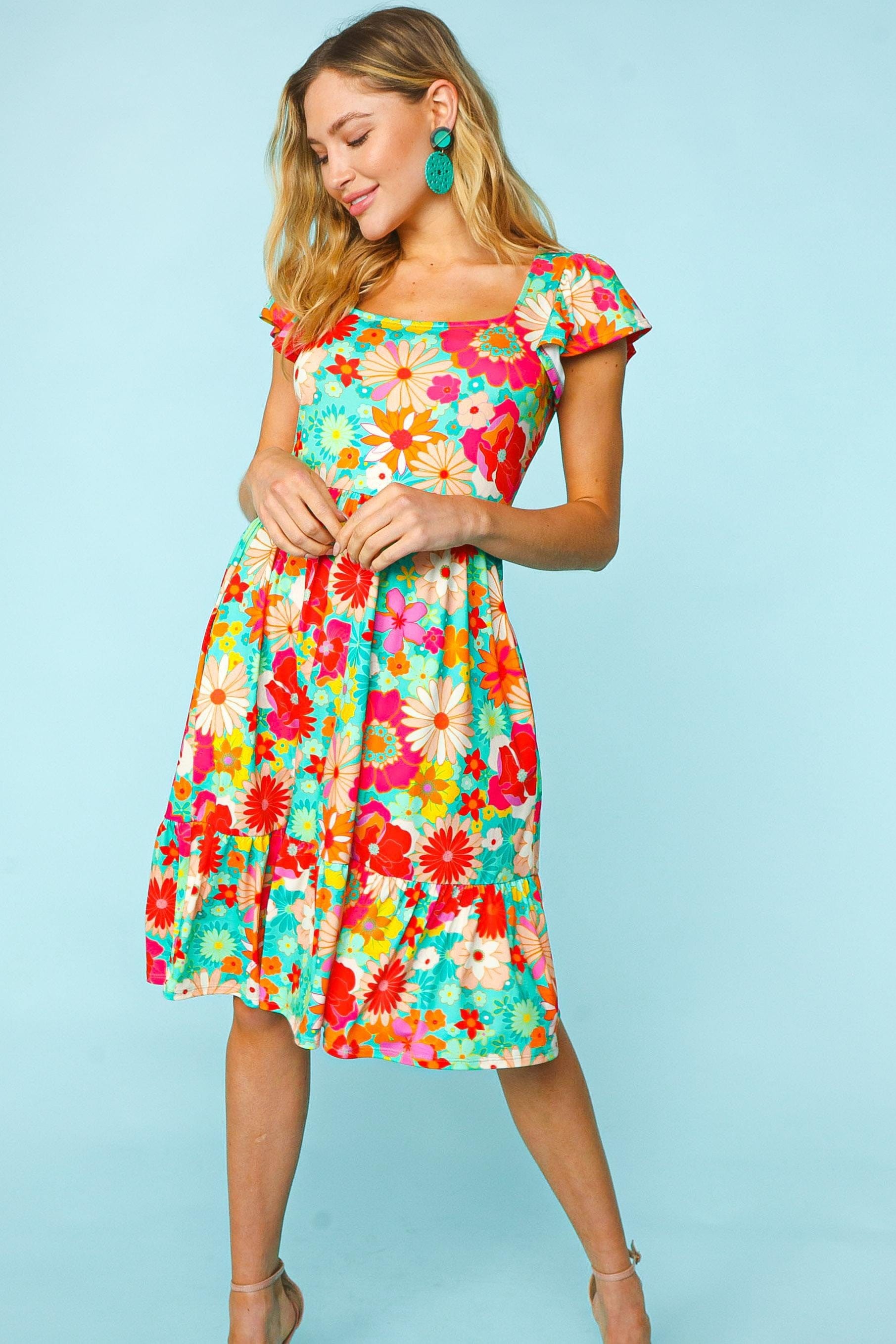 Haptics Floral Square Neck Short Sleeve Dress - Trendsi