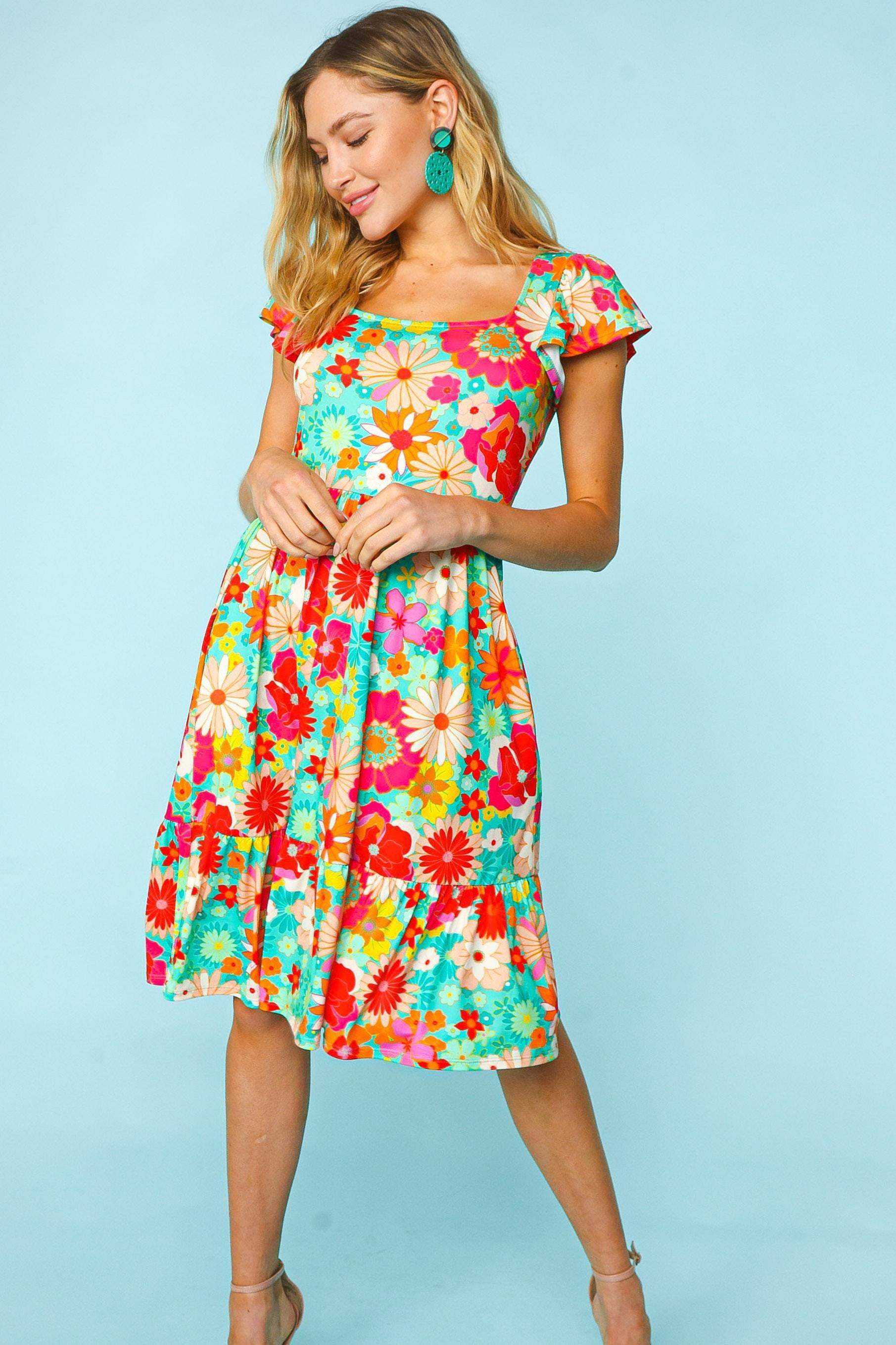Haptics Floral Square Neck Short Sleeve Dress - Trendsi - Flyclothing LLC