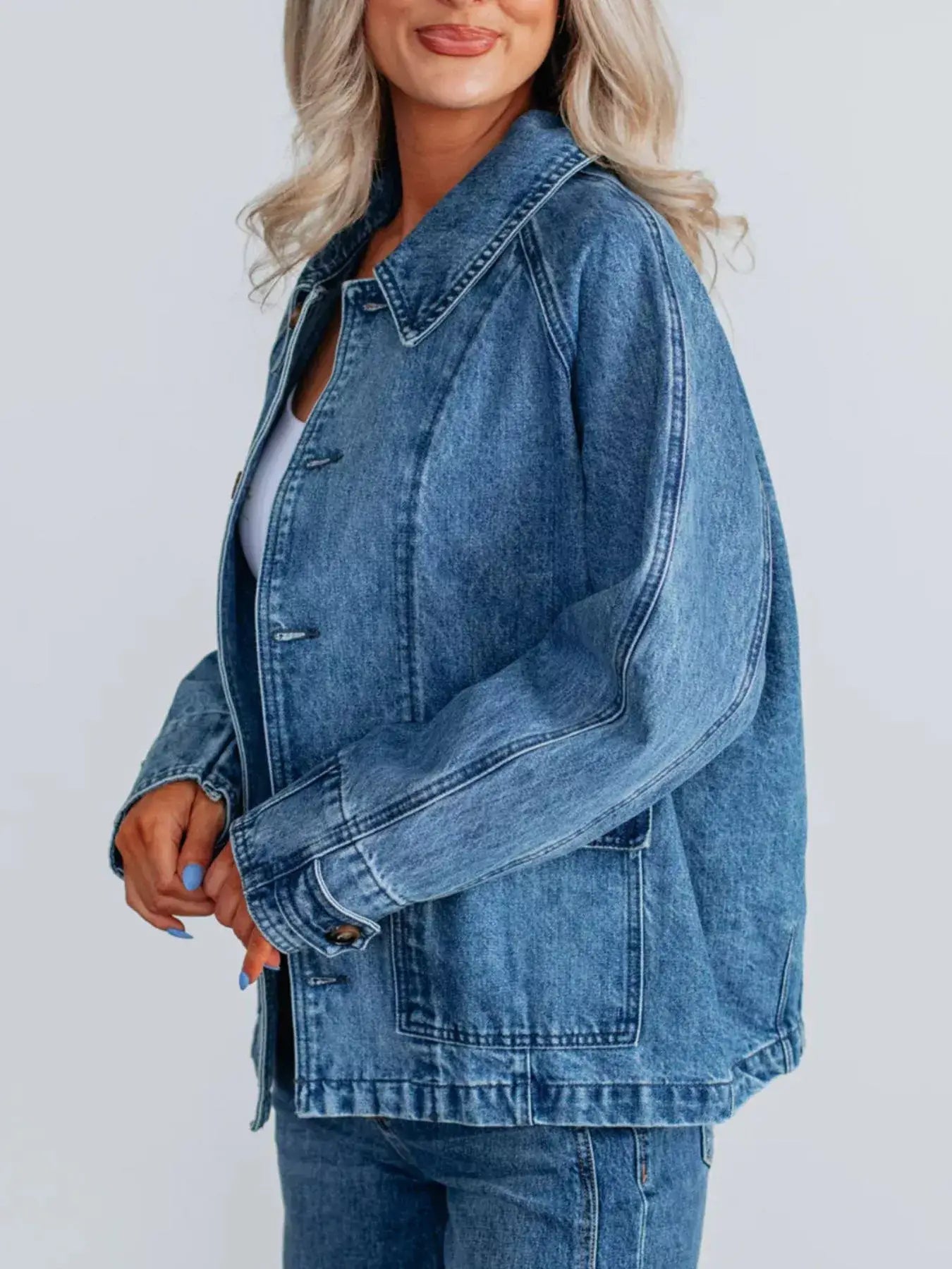 Button Up Raglan Sleeve Denim Jacket - Trendsi - Flyclothing LLC