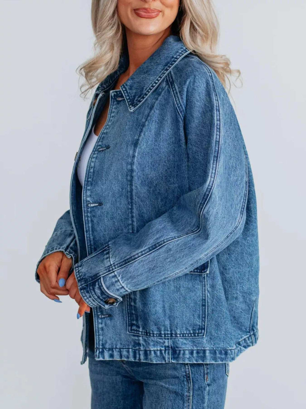 Button Up Raglan Sleeve Denim Jacket - Trendsi - Flyclothing LLC