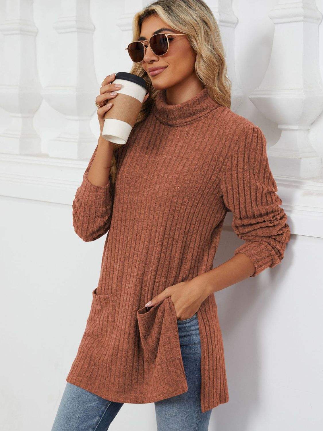 Slit Mock Neck Long Sleeve T-Shirt - Trendsi - Flyclothing LLC
