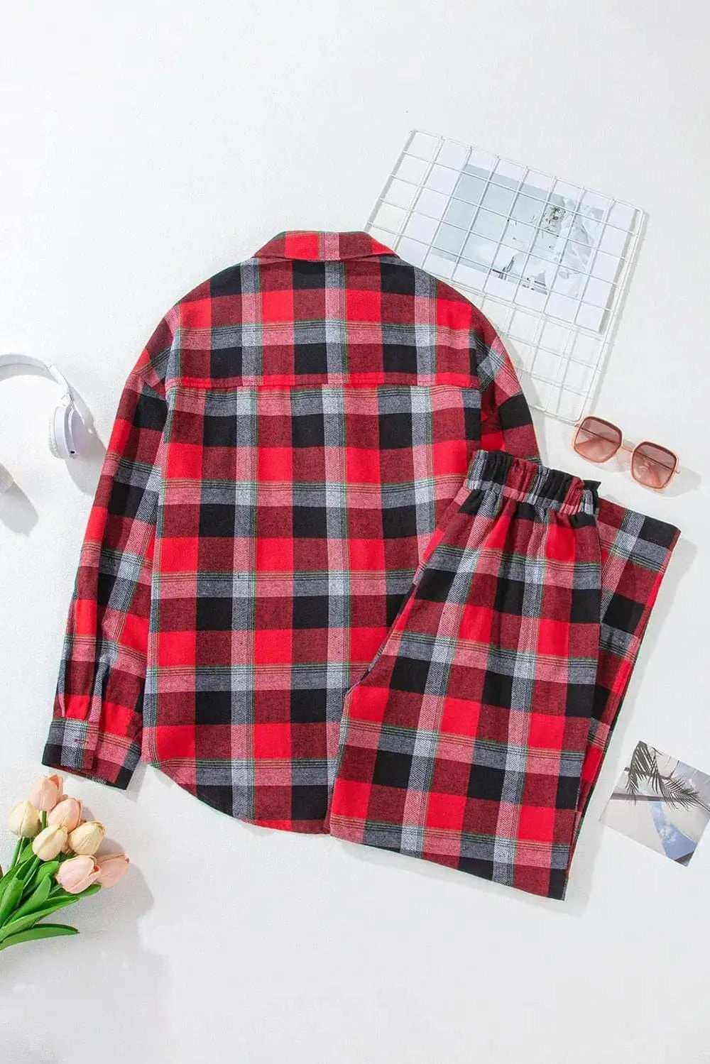 Plaid Long Sleeve Top and Pants Lounge Set - Trendsi - Flyclothing LLC