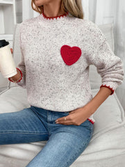 Perfee Contrast Heart Round Neck Long Sleeve Sweater - Trendsi