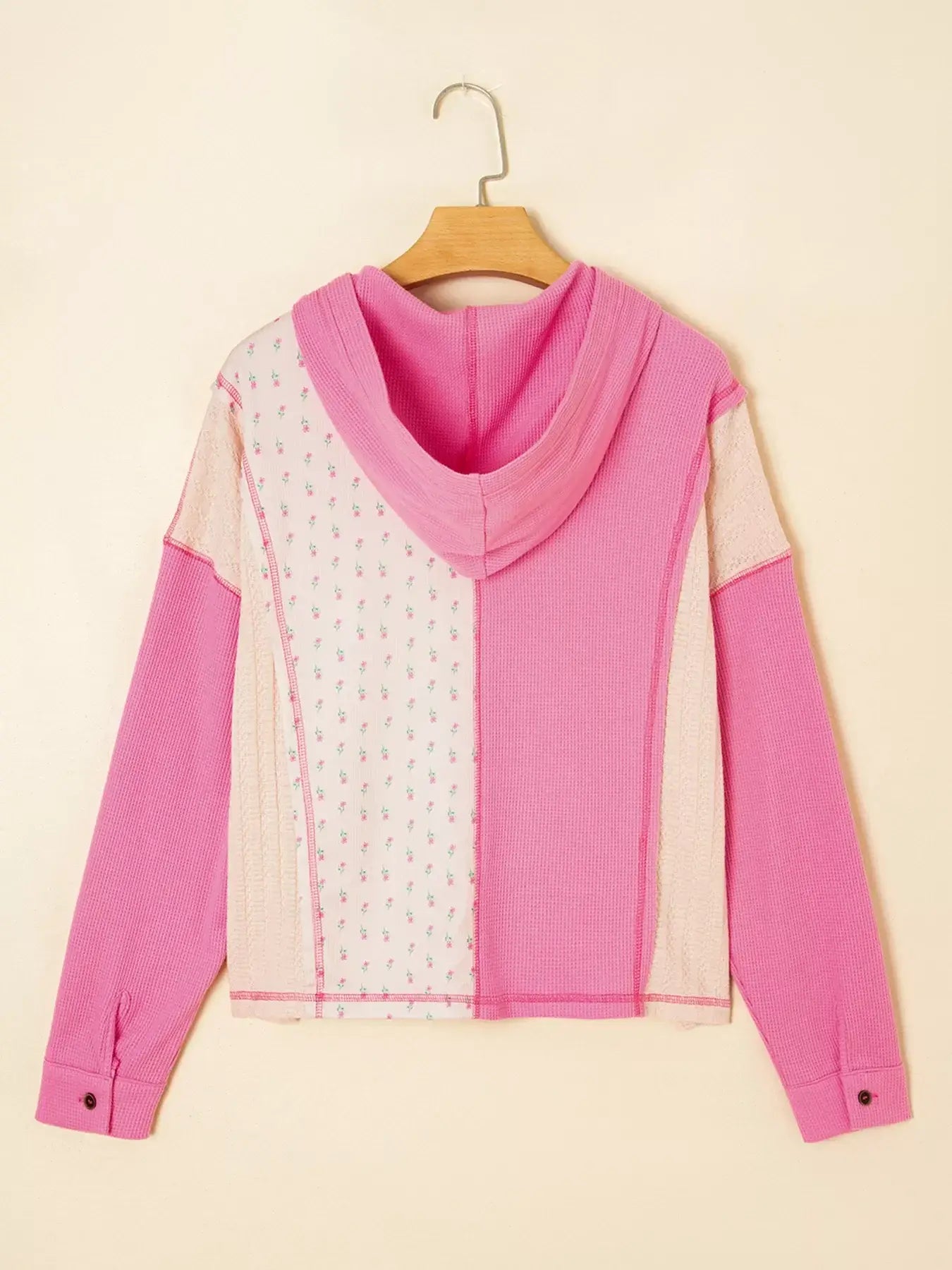 Mixed Texture Waffle Floral Patchwork Hooded Oversize Pullover - Trendsi - Flyclothing LLC