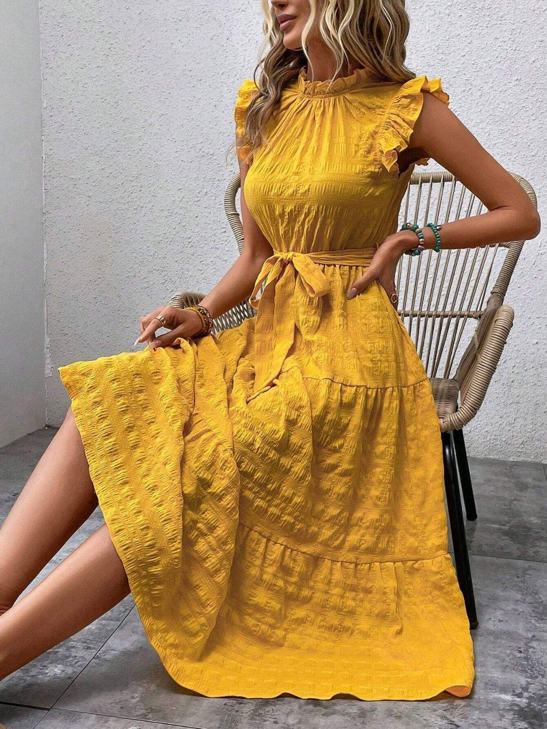 Tied Ruffled Cap Sleeve Midi Dress - Trendsi - Flyclothing LLC