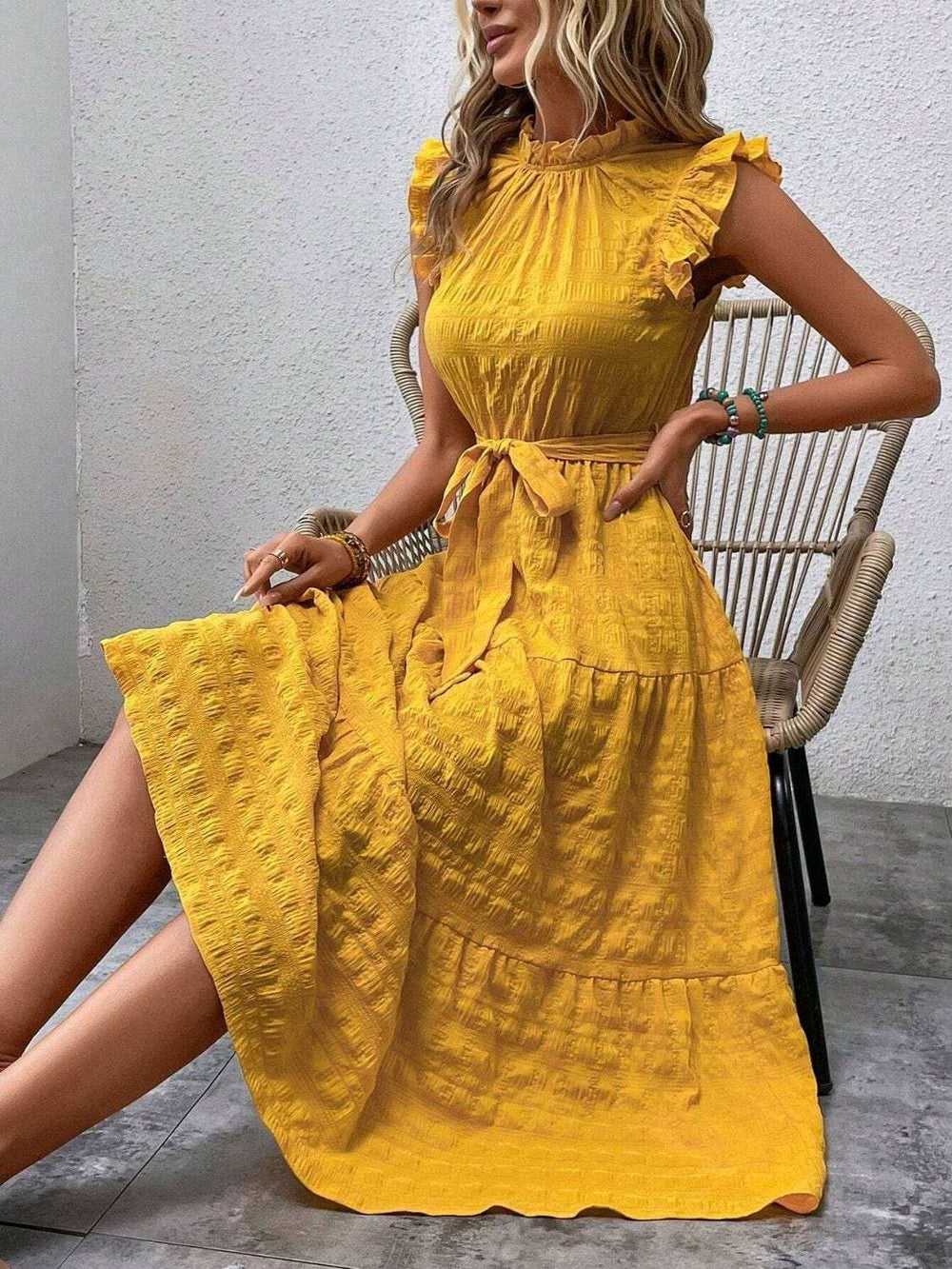 Tied Ruffled Cap Sleeve Midi Dress - Trendsi - Flyclothing LLC