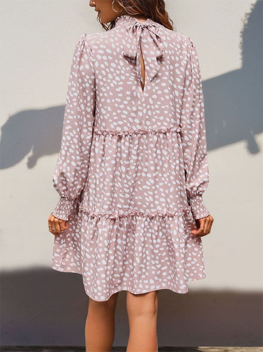 Frill Printed Mock Neck Long Sleeve Mini Dress - Trendsi