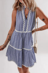Stripe Sleeveless Notched Ric Rac Mini Dress - Trendsi - Flyclothing LLC