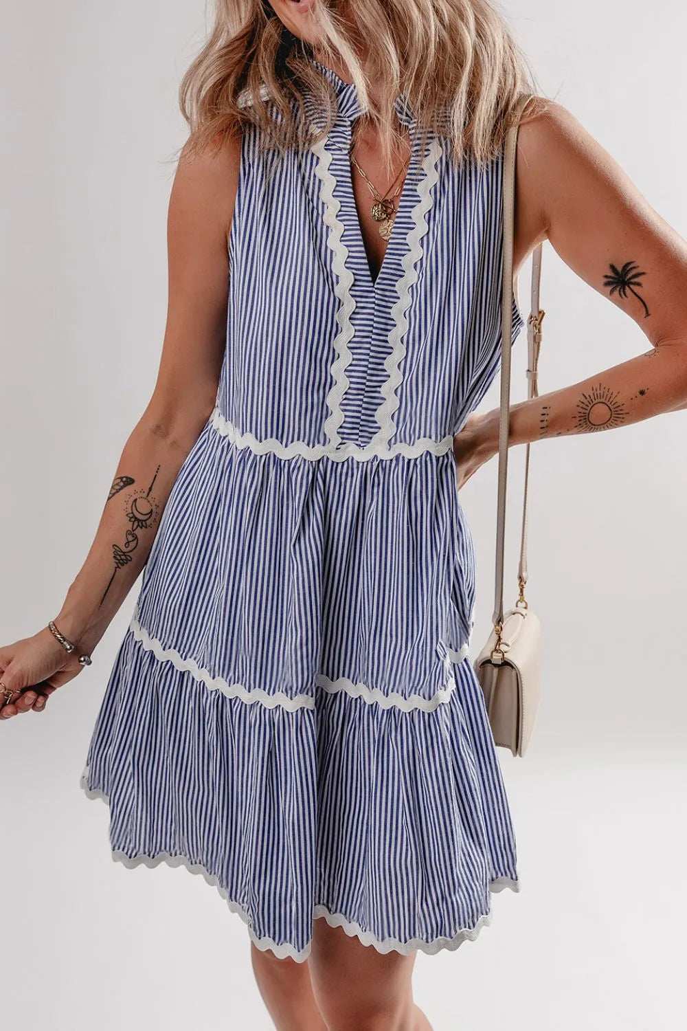 Stripe Sleeveless Notched Ric Rac Mini Dress - Trendsi - Flyclothing LLC