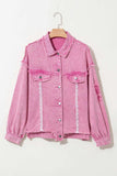 Lace Detail Distressed Raw Hem Long Sleeve Denim Jacket - Trendsi - Flyclothing LLC