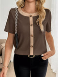 Decor Button Round Neck Short Sleeve Blouse - Trendsi - Flyclothing LLC
