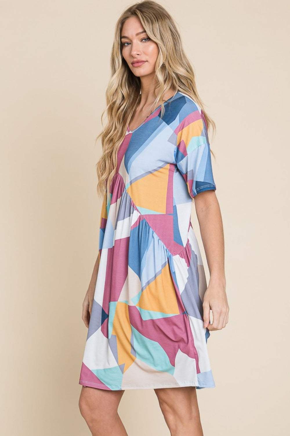 BOMBOM Ruched Color Block Short Sleeve Dress - Trendsi - Flyclothing LLC