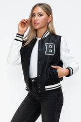 Love Me Now PU Leather Contrast Snap Down Bomber Jacket - Trendsi
