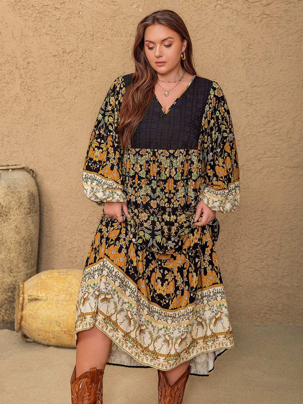 Plus Size Floral V-Neck Balloon Sleeve Midi Dress - Trendsi - Flyclothing LLC