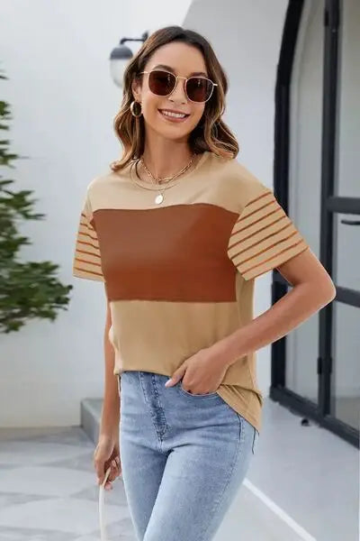 Color Block Round Neck Short Sleeve T-Shirt - Trendsi - Flyclothing LLC