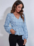 Ruched Printed V-Neck Long Sleeve Blouse - Trendsi - Flyclothing LLC