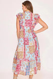 Umgee Full Size Tie Neck Double Layered Ruffle Sleeve Midi Dress Plus Size - Trendsi